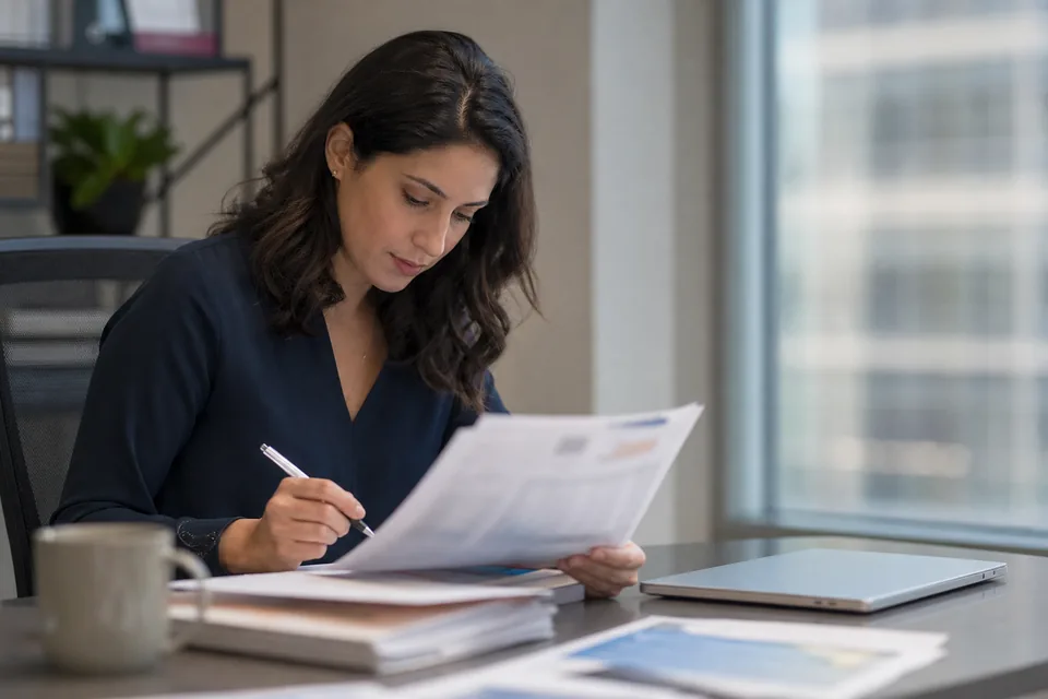 Equity analyst reading a printed annual report at her desk