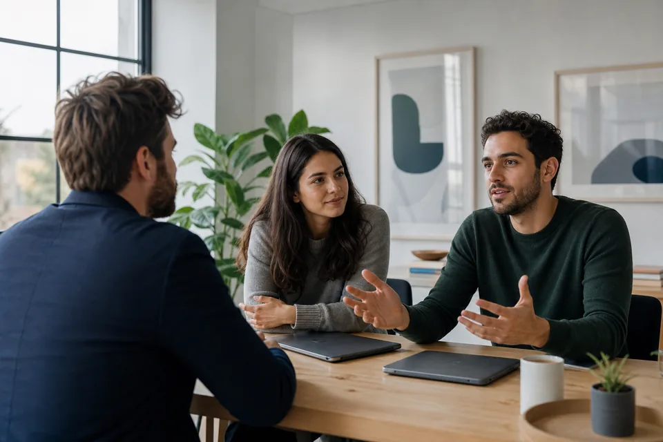 Angel investor meeting two startup founders across a table