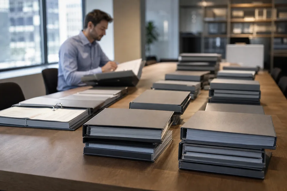 Research room with rows of binders and an analyst browsing in the background