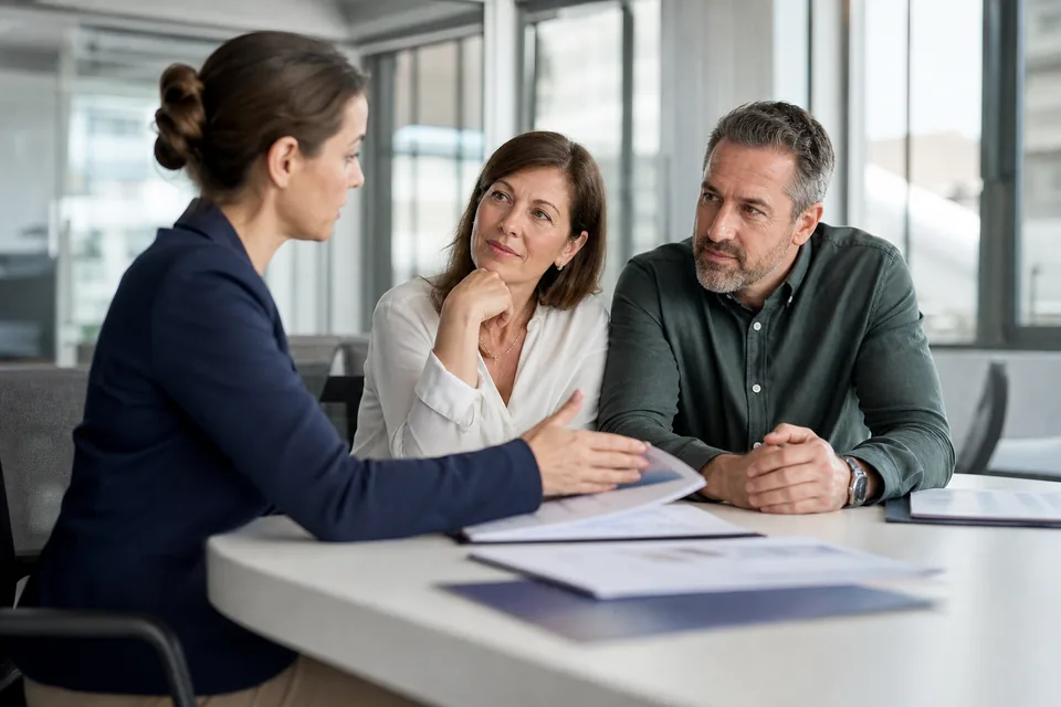 Investment adviser meeting a client couple in a bright office