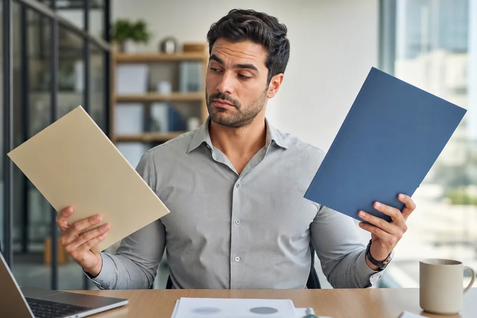 Analyst holding two closed folders while weighing two options