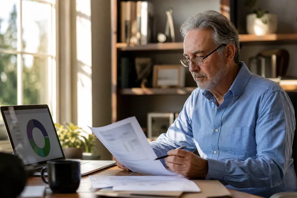 Retired investor reviewing a fund statement next to a laptop showing a portfolio chart