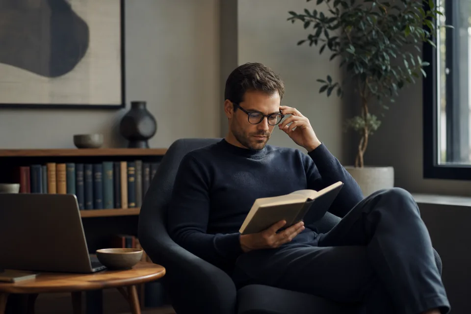 Quiet study with a reading chair, finance books and a laptop