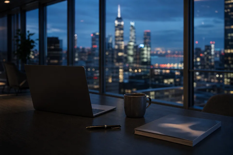 Research desk at dusk with a laptop, coffee and a closed annual report by a city window
