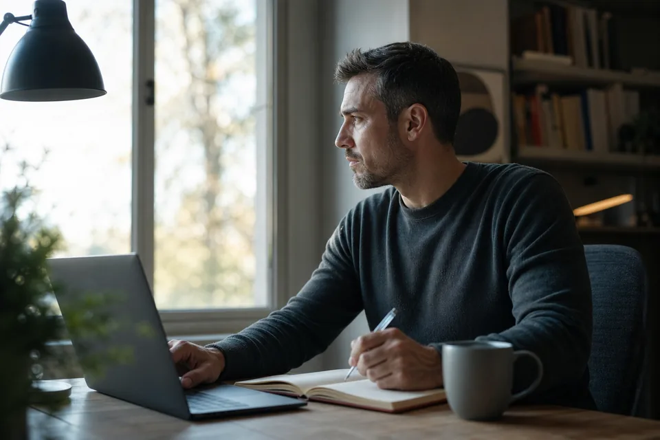 Independent investor at a home office desk in the early morning