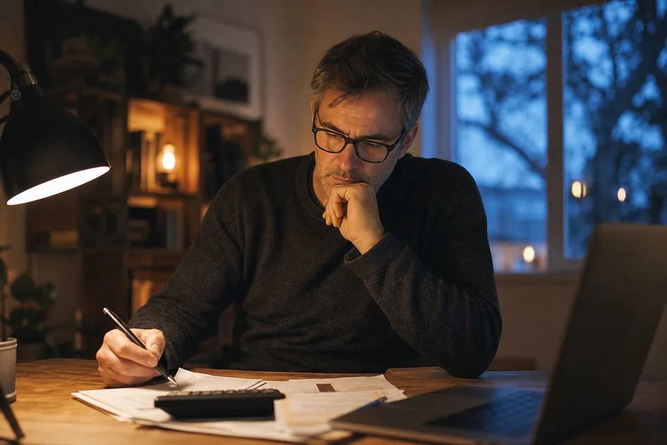 Individual investor at a home desk weighing research subscription costs with a calculator and a printed statement