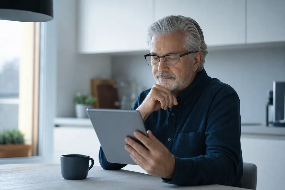 Individual investor reading on a tablet at a kitchen table