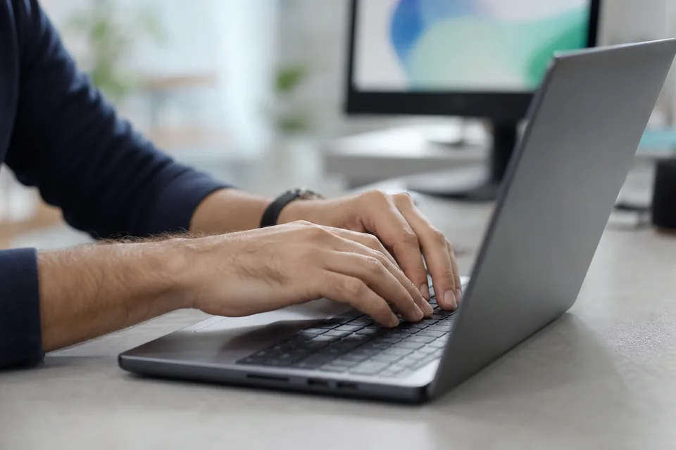 Hands typing on a laptop at a clean desk with a second monitor out of focus