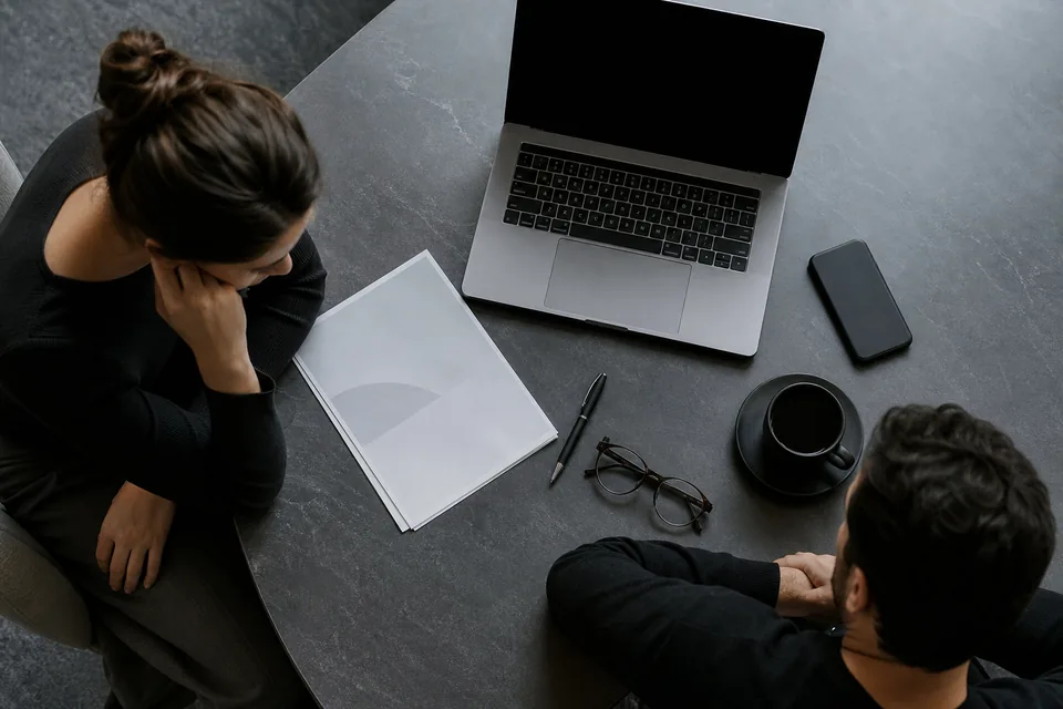 Overhead view of a research workspace with a laptop, glasses and coffee