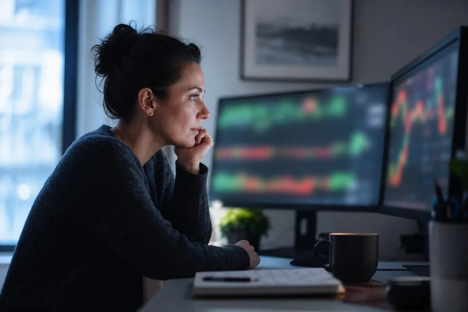 Active trader at a two-monitor desk early in the morning before the US market open