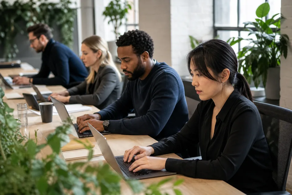 Small research team working at a shared desk in a bright office