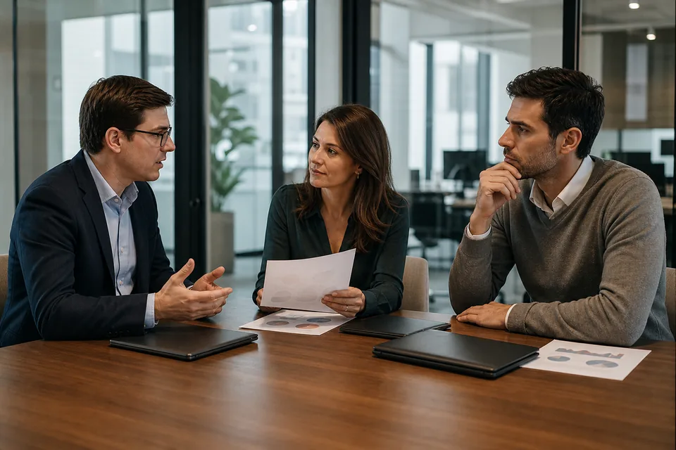 Small investment team discussing research around a meeting table